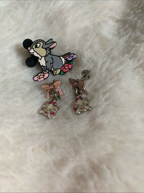 Disney Pink Bow and Marie Cat Dangle Earrings with Thumper Pin